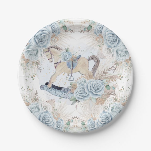 Pampas Grass Blue Floral Rocking Horse Baby Shower Paper Plate (Front)