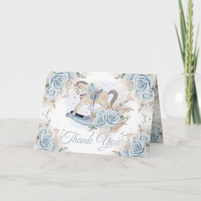 Pampas Grass Blue Floral Rocking Horse Baby Shower Thank You Card (Front)