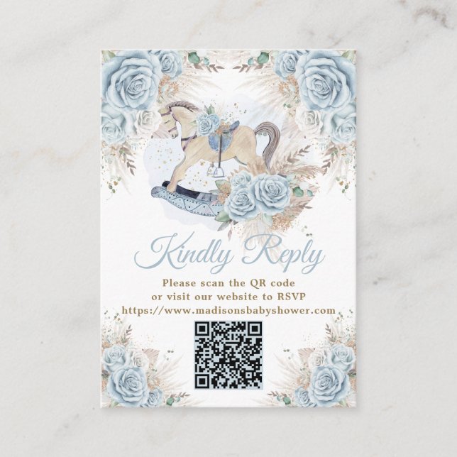 Pampas Grass Blue Floral Rocking Horse RSVP QR  Enclosure Card (Front)