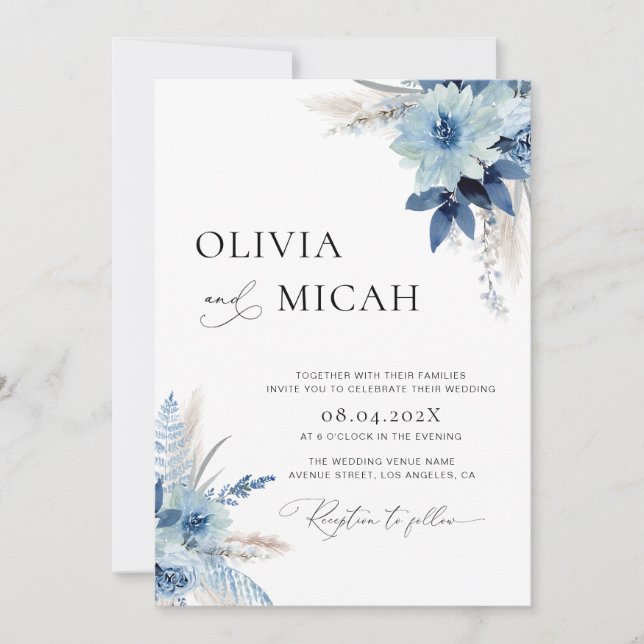 pampas grass blue floral wedding invitation (Front)