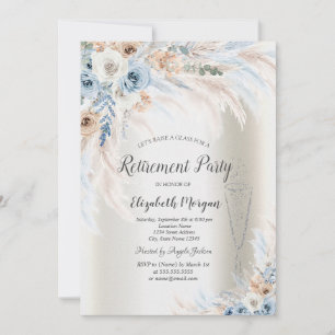 Pampas Grass Blue Roses Glass Ivory Retirement  Invitation