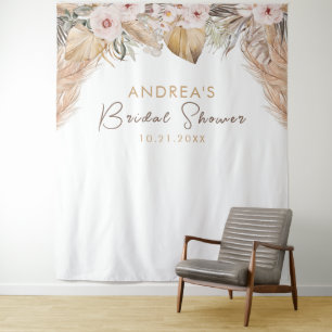 Pampas Grass & Blush Floral Bridal Shower Backdrop Tapestry