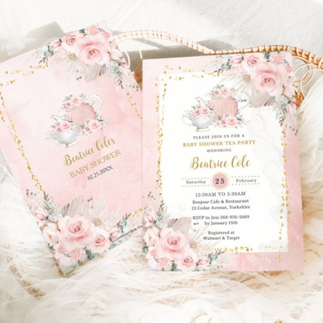 Pampas Grass Blush Floral Tea Party Baby Shower  Invitation (Creator Uploaded)