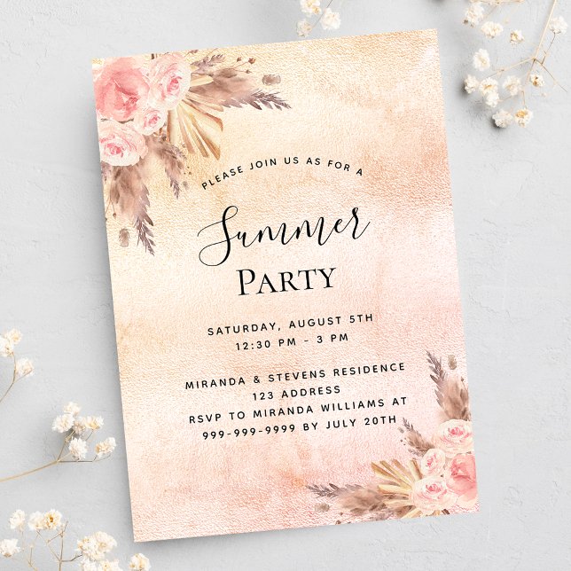 Pampas grass blush florals summer outdoor party invitation postcard (Creator Uploaded)