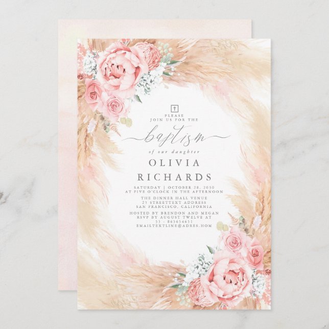 Pampas Grass Blush Pink Baptism Invitation (Front/Back)