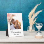 Pampas grass blush pink floral boho wedding plaque<br><div class="desc">A white background. Decorated with blush pink and rose gold florals and pampas grass.  Personalise and add your wedding photo,  and the date.</div>