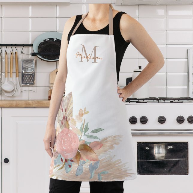 Pampas Grass Blush Pink Floral Monogram Apron (Creator Uploaded)