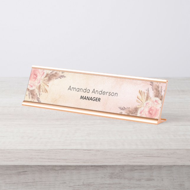 Pampas grass blush pink floral rose gold desk name plate (Front)