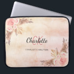 Pampas grass blush pink florals monogram laptop sleeve<br><div class="desc">A rose gold and pale pink gradient faux metallic looking background. Decorated with pampas grass and blush pink florals.   Personalise and add your name,  monogram initials and full name. The name is written with a modern hand lettered style script.</div>