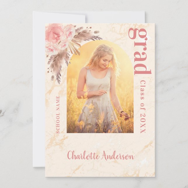 Pampas grass blush rose gold marble graduation announcement (Front)