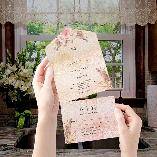 Pampas grass blush rose pink florals boho wedding all in one invitation (Creator Uploaded)