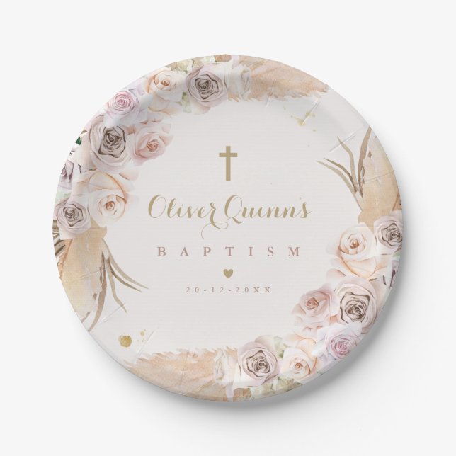 Pampas Grass Bohemian Baptism Personalised Paper Plate (Front)