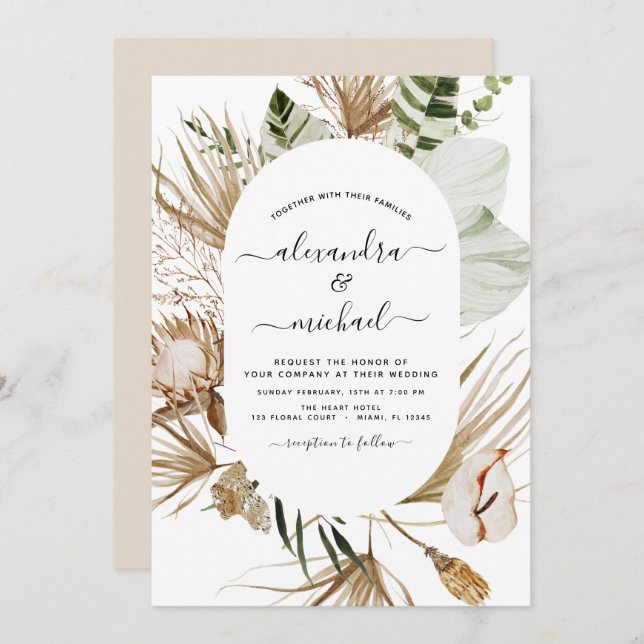 Pampas Grass Bohemian Boho Tropical Wedding Invita Invitation (Front/Back)