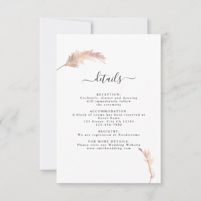 Pampas Grass Bohemian Wedding Details Card (Front)