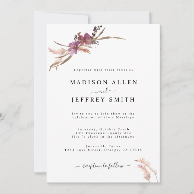 Pampas Grass Bohemian Wedding Invitation (Front)