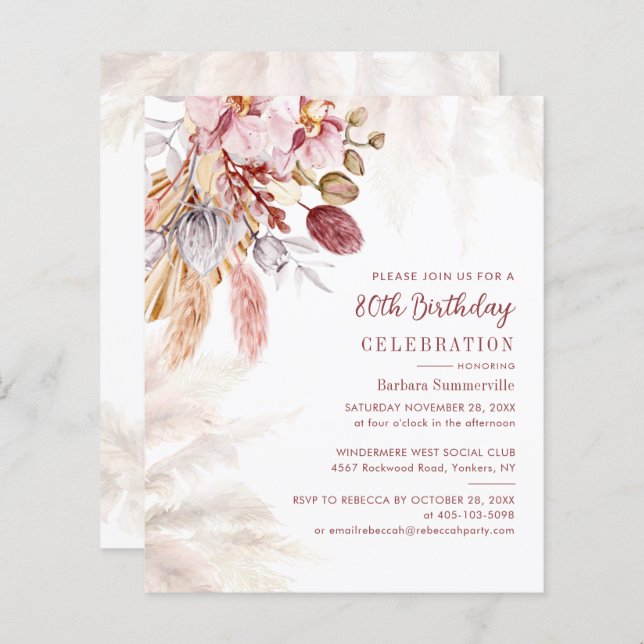 Pampas Grass Boho 80th Birthday Party Invitation (Front/Back)