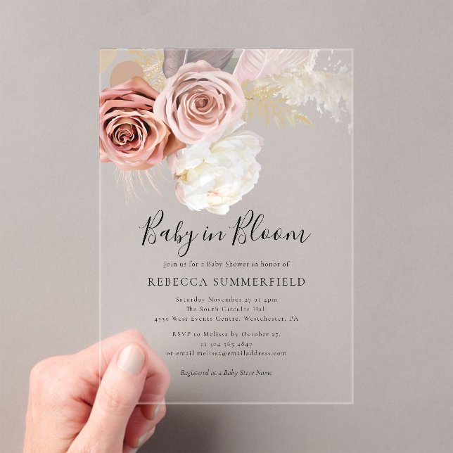 Pampas Grass Boho Baby in Bloom Girl Shower Acrylic Invitations (Insitu (Handheld))
