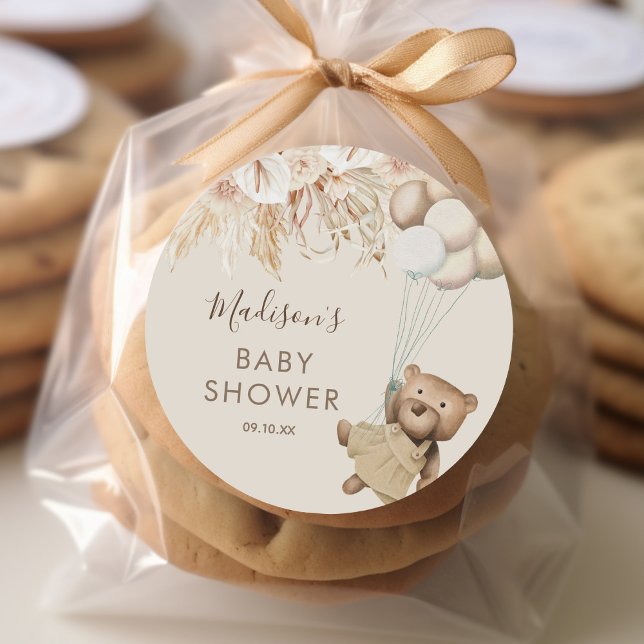 Pampas Grass Boho Bear Baby Shower Classic Round Sticker (Creator Uploaded)