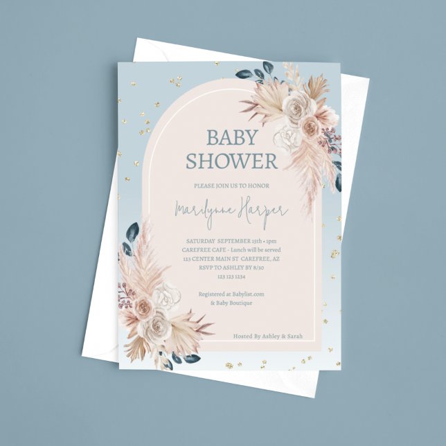 Pampas Grass Boho Blue Baby Shower Invitation (Creator Uploaded)
