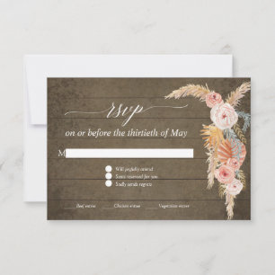 Pampas Grass Boho Blush Floral Rustic Wood RSVP Card