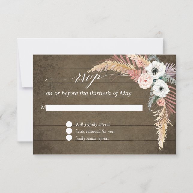 Pampas Grass Boho Blush White Floral Wood RSVP Card (Front)