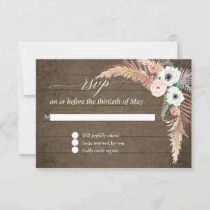Pampas Grass Boho Blush White Floral Wood RSVP Card