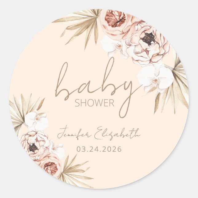 Pampas Grass Boho Bohemian Baby Shower Classic Round Sticker (Front)