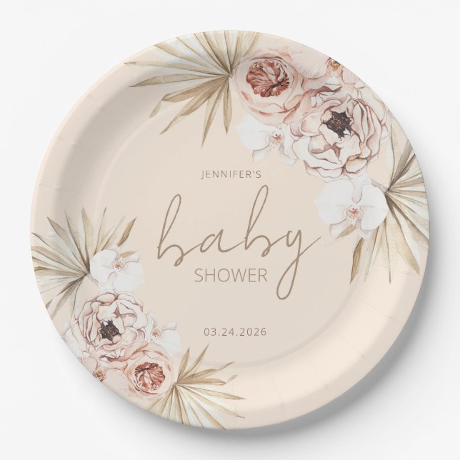 Pampas Grass Boho Bohemian Baby Shower Paper Plate (Front)