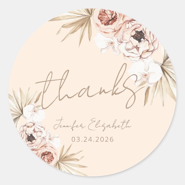 Pampas Grass Boho Bohemian Baby Shower Thank You Classic Round Sticker (Front)