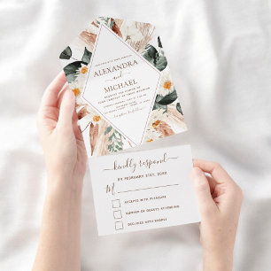 Pampas Grass Boho Bohemian Eucalyptus Wedding All In One Invitation