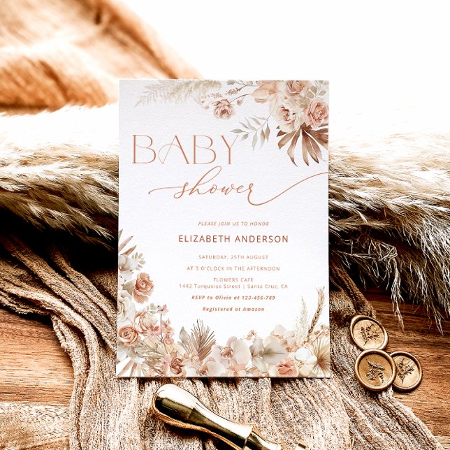 Pampas Grass Boho Bohemian Floral Baby Shower Invitation (Creator Uploaded)