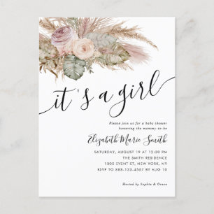 Pampas Grass Boho Bohemian It's A Girl Baby Shower Postcard
