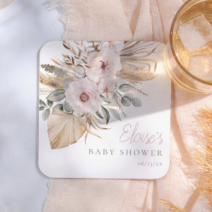 Pampas Grass Boho Desert Girl Baby Shower Square Paper Coaster