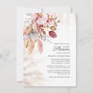 Pampas Grass Boho Dried Floral Tan Baby Shower Invitation