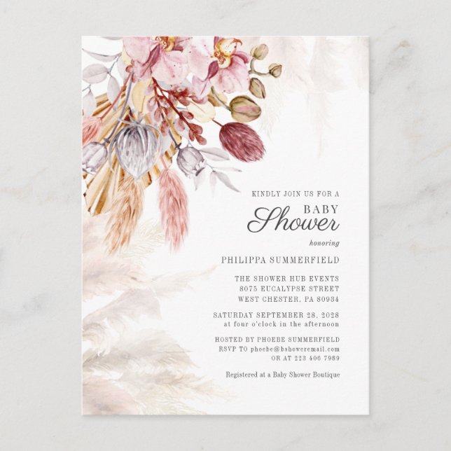 Pampas Grass Boho Dried Flowers Girl Baby Shower Invitation Postcard (Front)