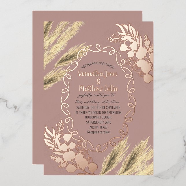 Pampas Grass Boho Dusty Rose Gold Foil Wedding (Front/Back)