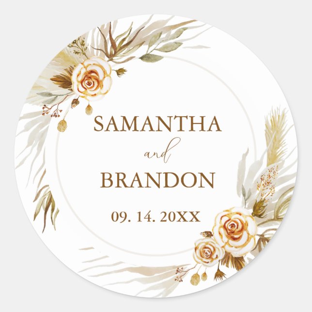 Pampas grass boho elegant tropical Wedding  Classic Round Sticker (Front)