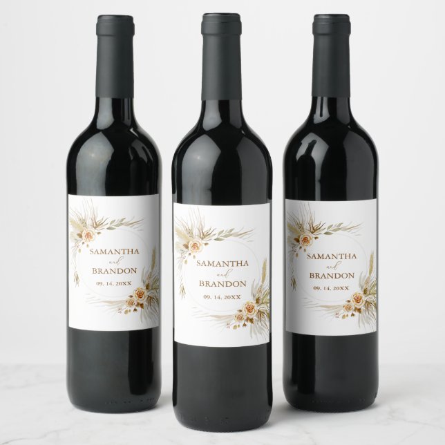 Pampas grass boho elegant tropical Wedding  Wine Label (Bottles)