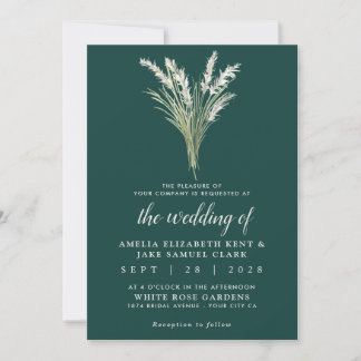 Pampas Grass Boho Emerald Green Wedding Invitation