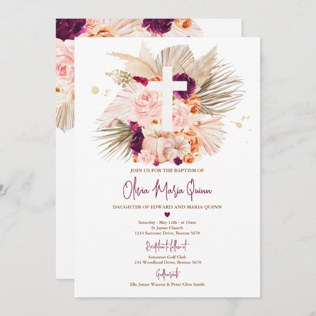 Pampas Grass Boho Fall Pumpkin Baptism Christening Invitation (Front/Back)