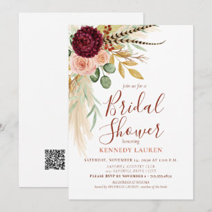 Pampas Grass Boho Floral Bridal Shower QR code Invitation