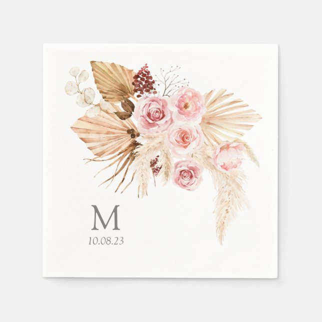 Pampas grass Boho Floral Monogram wedding Napkin (Front)