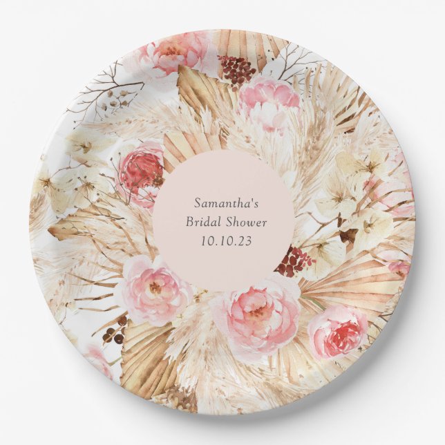 Pampas Grass Boho Floral Patterned Bridal Shower  Paper Plate (Front)