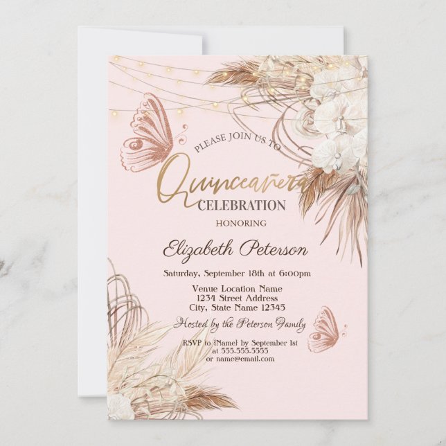 Pampas Grass Boho Flowers Butterflies Quinceañera  Invitation (Front)