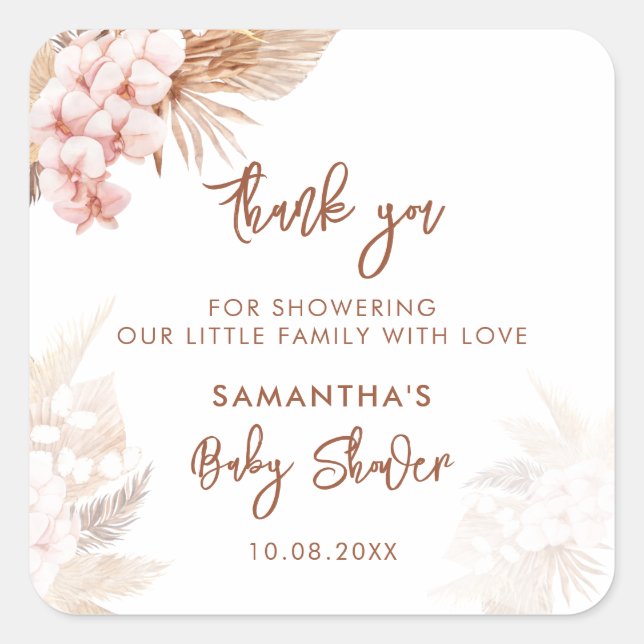 Pampas Grass Boho Girl Baby Shower Square Sticker (Front)