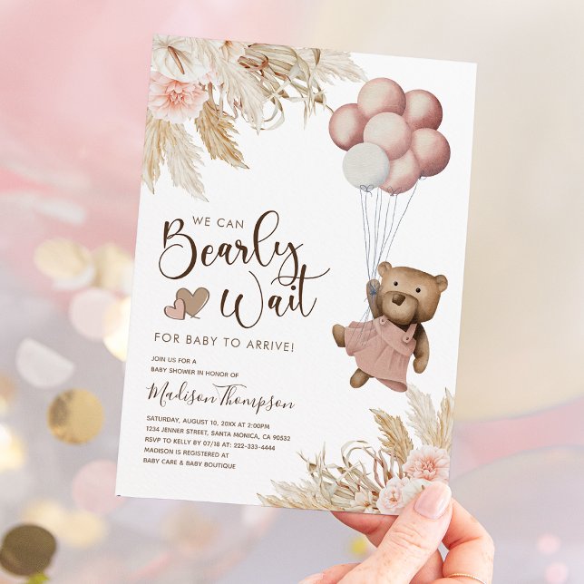 Pampas Grass Boho Girl Bear Baby Shower Invitation (Creator Uploaded)