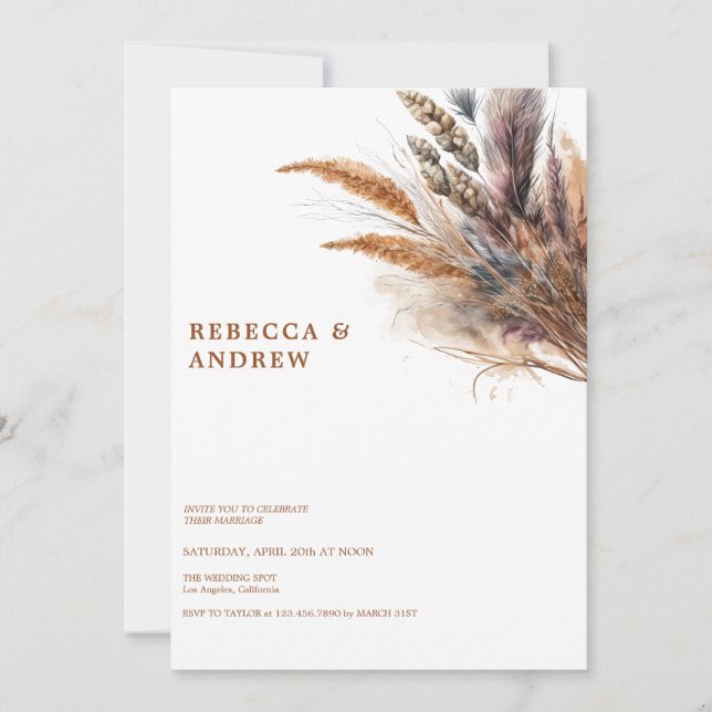  Pampas Grass |  Boho Minimalist | QR Code Wedding Invitation (Front)