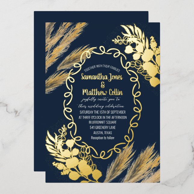 Pampas Grass Boho Navy Blue Gold Foil Wedding (Front/Back)