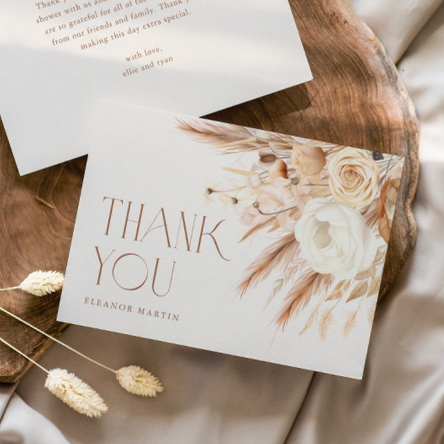 Pampas Grass Boho Neutral Bridal Shower Thank You Card (Elegant typography boho floral wedding bridal shower thank you card.
)