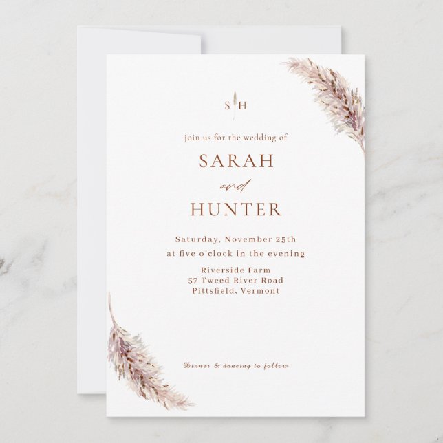Pampas Grass Boho Photo QR Code Wedding Invitation (Front)